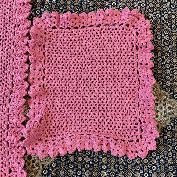 Handmade Crochet Baby Blanket Pink & White 35” X 33” & Shoulder Crochet Burp Pad - Picture 4 of 6